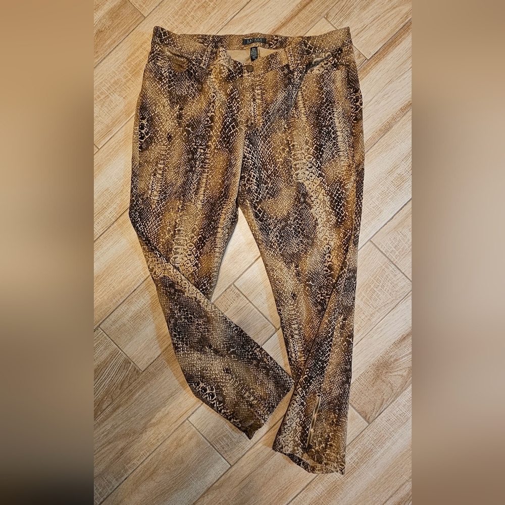 Lauren Ralph Lauren Women Pants Sz 16W Brown Snakeskin Print Slim Fit Zip Ankles